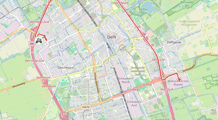 Kaart van de omgeving van de melding, met de kazerne die is gealarmeerd