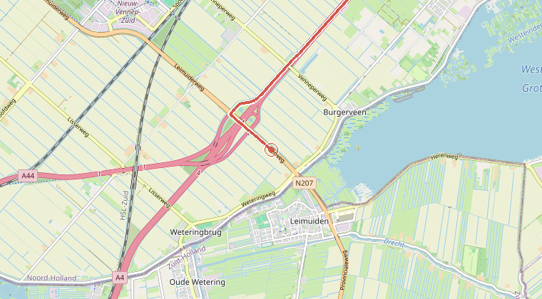 Kaart van de omgeving van de melding, met de kazerne die is gealarmeerd
