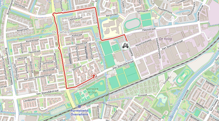 Kaart van de omgeving van de melding, met de kazerne die is gealarmeerd