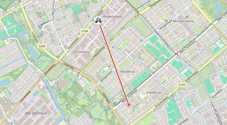 Kaart van de omgeving van de melding, met de kazerne die is gealarmeerd