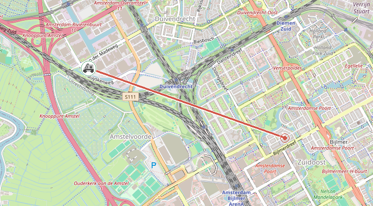 Kaart van de omgeving van de melding, met de kazerne die is gealarmeerd