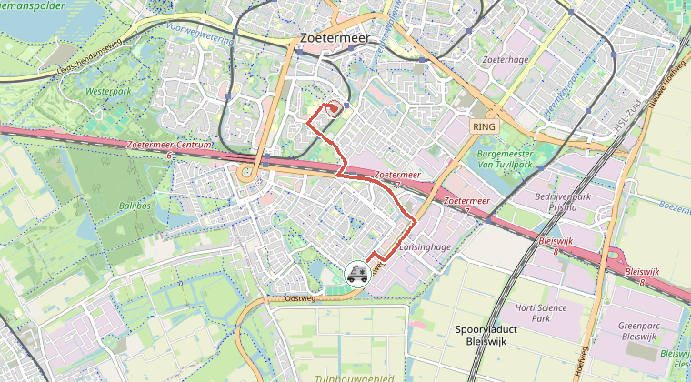 Kaart van de omgeving van de melding, met de kazerne die is gealarmeerd