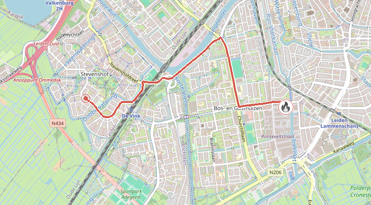 Kaart van de omgeving van de melding, met de kazerne die is gealarmeerd