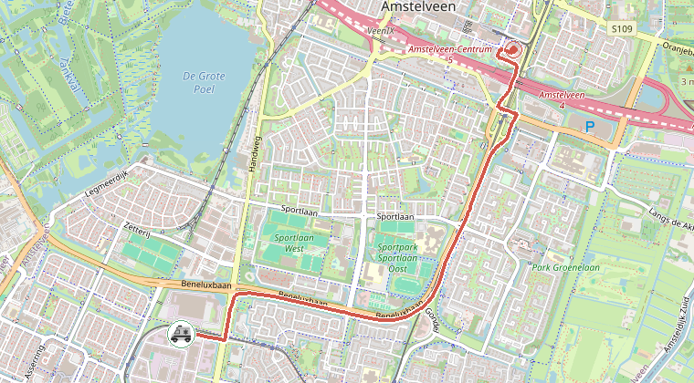 Kaart van de omgeving van de melding, met de kazerne die is gealarmeerd