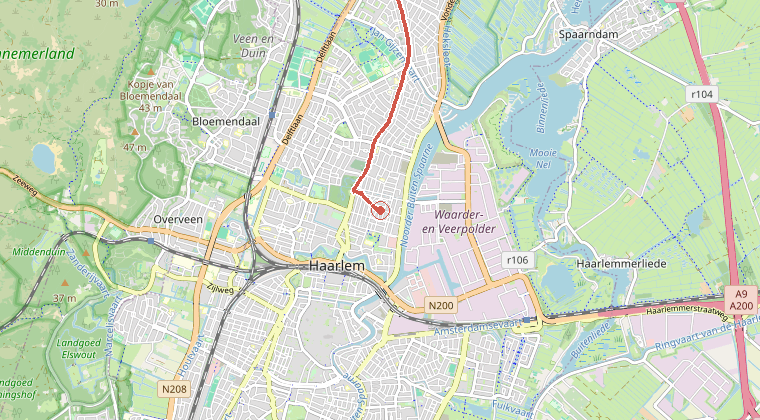 Kaart van de omgeving van de melding, met de kazerne die is gealarmeerd