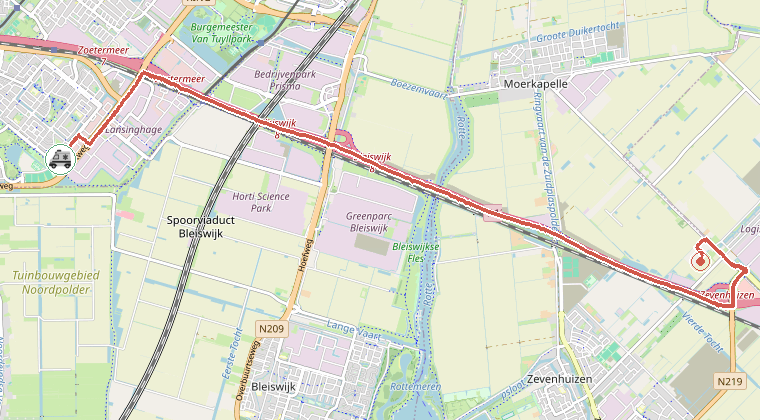 Kaart van de omgeving van de melding, met de kazerne die is gealarmeerd