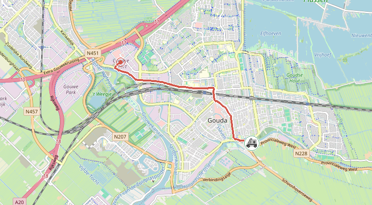 Kaart van de omgeving van de melding, met de kazerne die is gealarmeerd