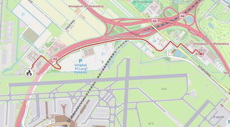 Kaart van de omgeving van de melding, met de kazerne die is gealarmeerd