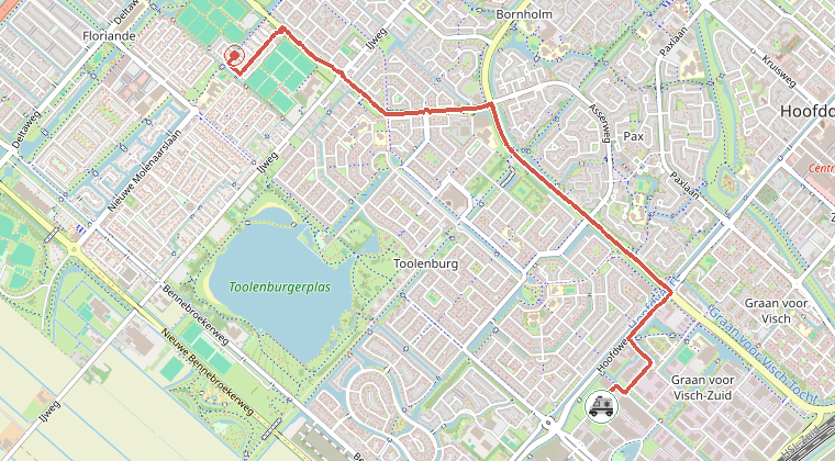 Kaart van de omgeving van de melding, met de kazerne die is gealarmeerd