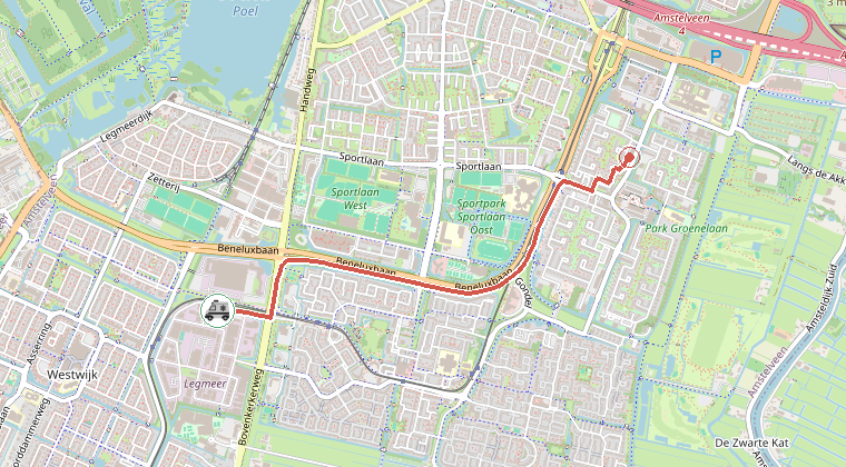 Kaart van de omgeving van de melding, met de kazerne die is gealarmeerd