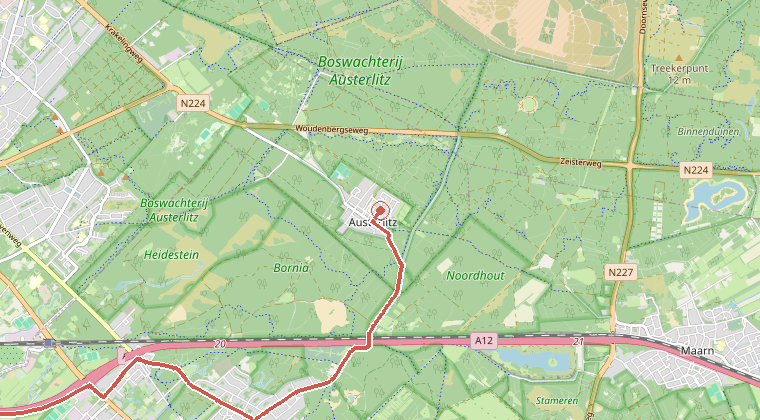 Kaart van de omgeving van de melding, met de kazerne die is gealarmeerd
