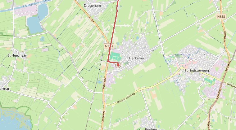 Kaart van de omgeving van de melding, met de kazerne die is gealarmeerd