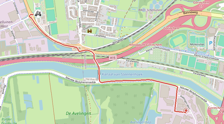 Kaart van de omgeving van de melding, met de kazerne die is gealarmeerd