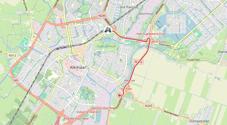 Kaart van de omgeving van de melding, met de kazerne die is gealarmeerd