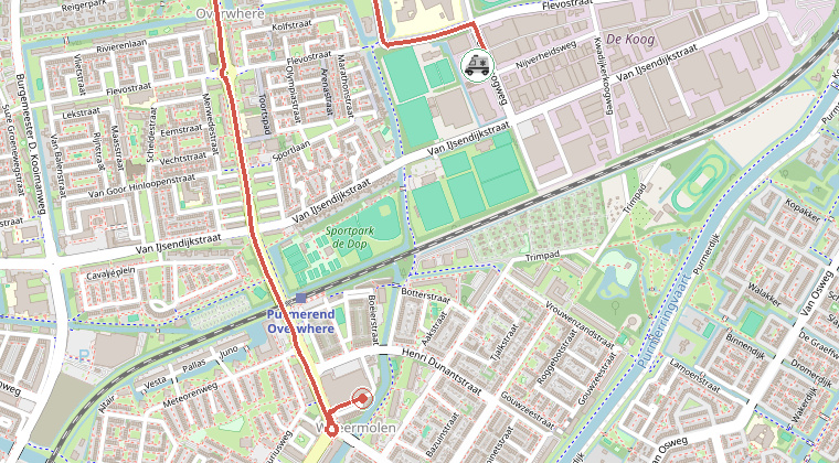 Kaart van de omgeving van de melding, met de kazerne die is gealarmeerd