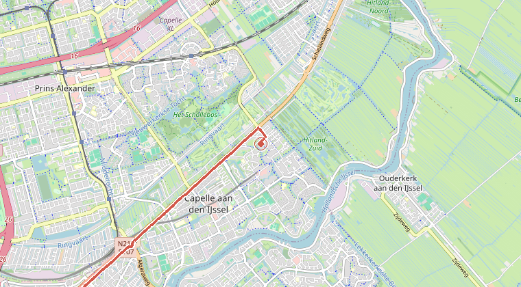 Kaart van de omgeving van de melding, met de kazerne die is gealarmeerd