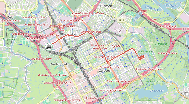 Kaart van de omgeving van de melding, met de kazerne die is gealarmeerd