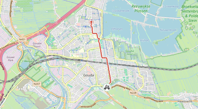 Kaart van de omgeving van de melding, met de kazerne die is gealarmeerd