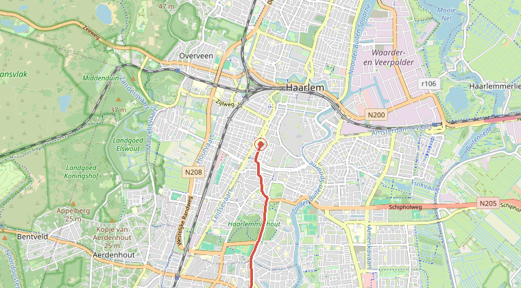 Kaart van de omgeving van de melding, met de kazerne die is gealarmeerd