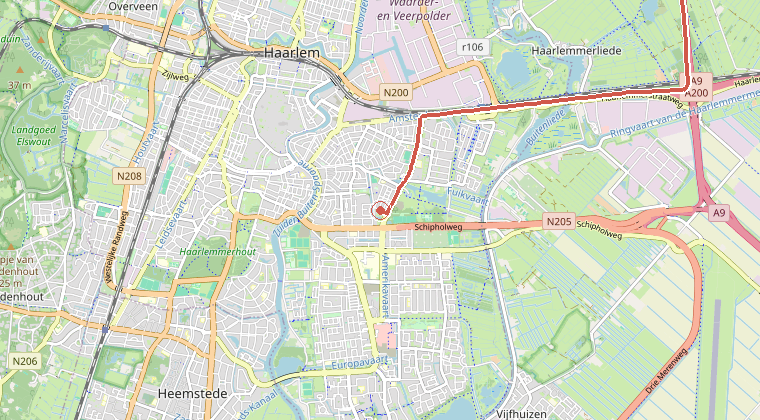 Kaart van de omgeving van de melding, met de kazerne die is gealarmeerd