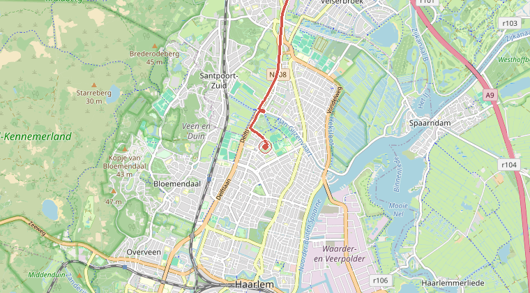 Kaart van de omgeving van de melding, met de kazerne die is gealarmeerd
