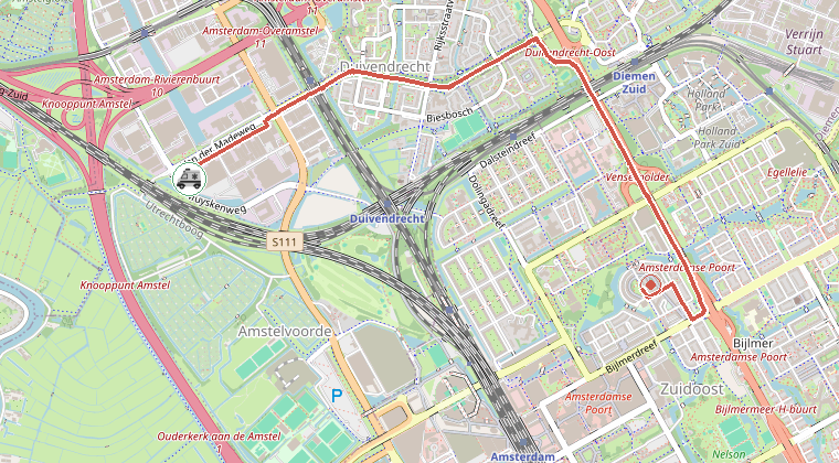 Kaart van de omgeving van de melding, met de kazerne die is gealarmeerd