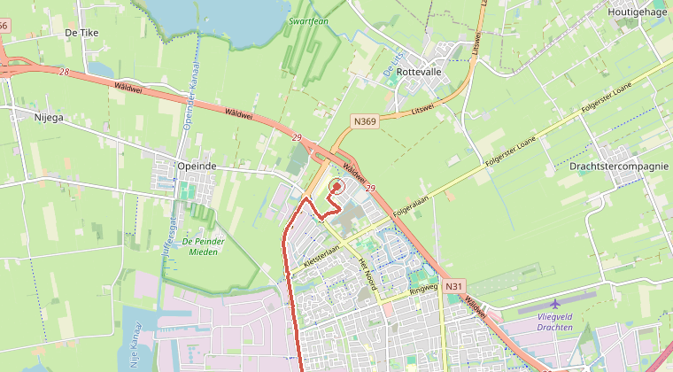 Kaart van de omgeving van de melding, met de kazerne die is gealarmeerd