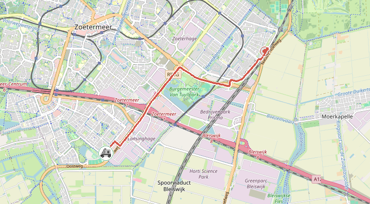 Kaart van de omgeving van de melding, met de kazerne die is gealarmeerd