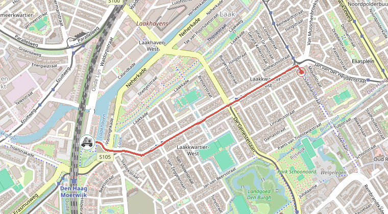 Kaart van de omgeving van de melding, met de kazerne die is gealarmeerd