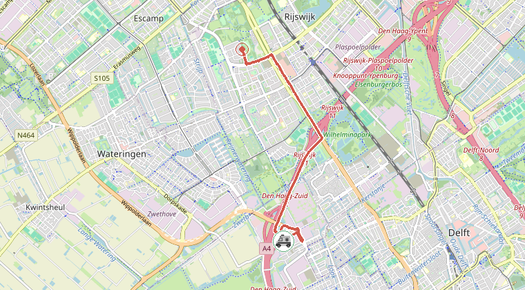 Kaart van de omgeving van de melding, met de kazerne die is gealarmeerd