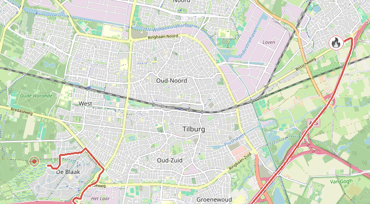 Kaart van de omgeving van de melding, met de kazerne die is gealarmeerd