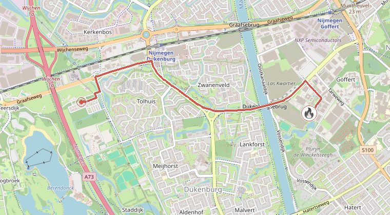 Kaart van de omgeving van de melding, met de kazerne die is gealarmeerd