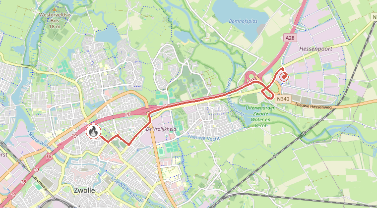 Kaart van de omgeving van de melding, met de kazerne die is gealarmeerd