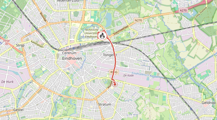 Kaart van de omgeving van de melding, met de kazerne die is gealarmeerd