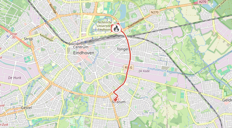 Kaart van de omgeving van de melding, met de kazerne die is gealarmeerd