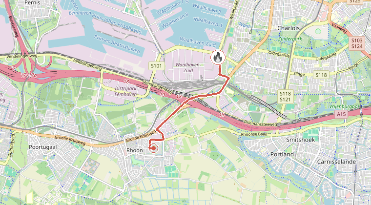Kaart van de omgeving van de melding, met de kazerne die is gealarmeerd