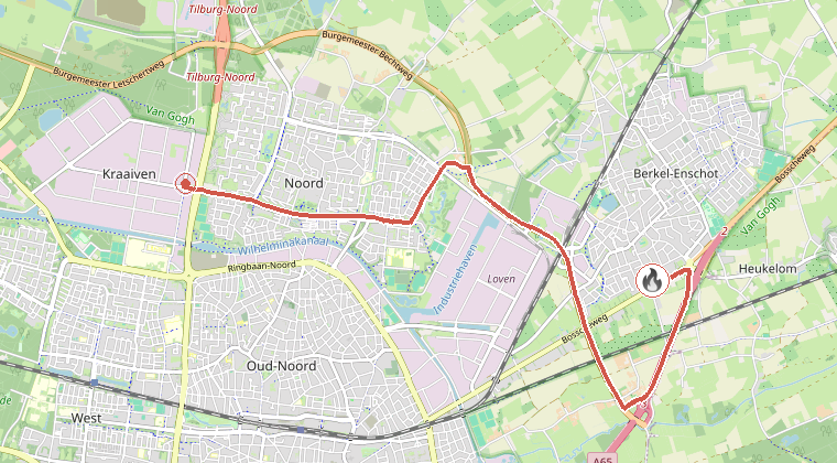 Kaart van de omgeving van de melding, met de kazerne die is gealarmeerd