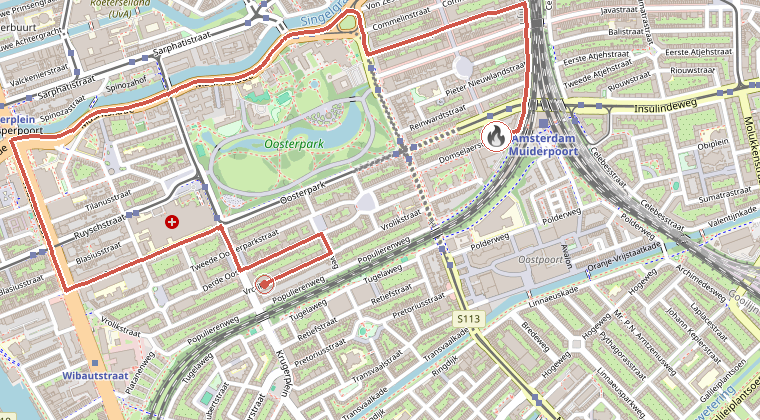 Kaart van de omgeving van de melding, met de kazerne die is gealarmeerd