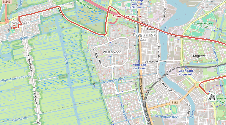 Kaart van de omgeving van de melding, met de kazerne die is gealarmeerd