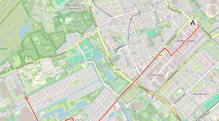 Kaart van de omgeving van de melding, met de kazerne die is gealarmeerd