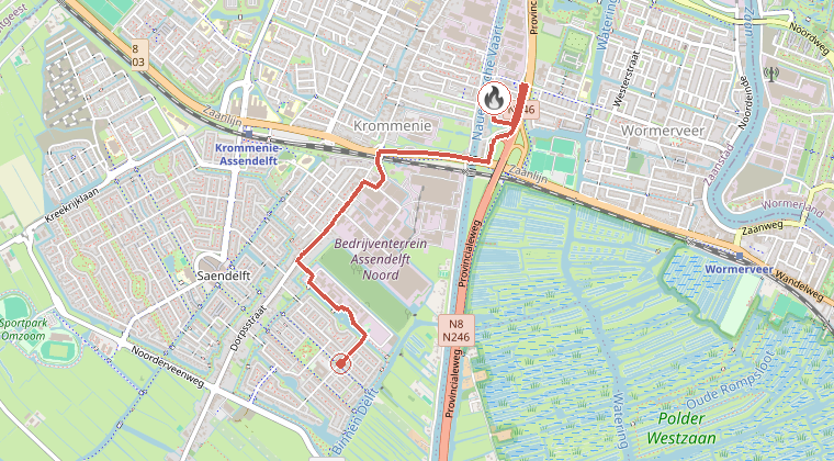 Kaart van de omgeving van de melding, met de kazerne die is gealarmeerd