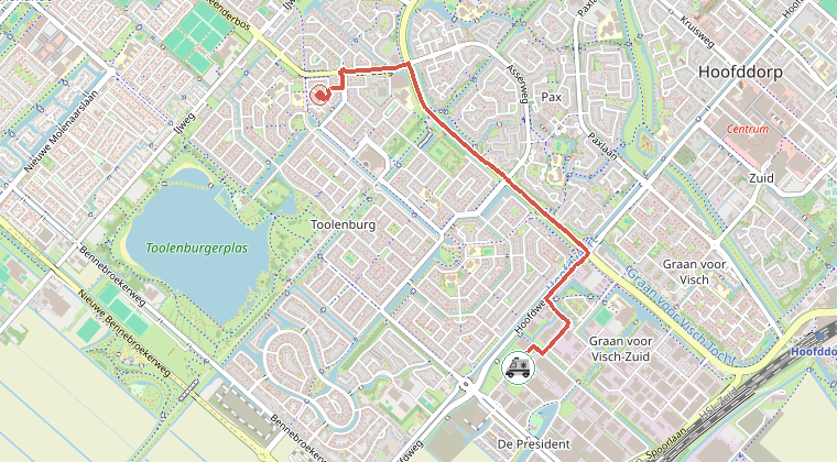 Kaart van de omgeving van de melding, met de kazerne die is gealarmeerd