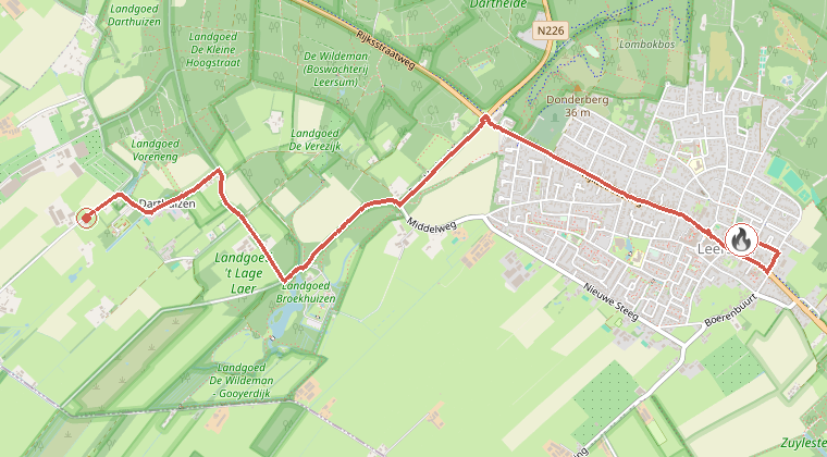 Kaart van de omgeving van de melding, met de kazerne die is gealarmeerd