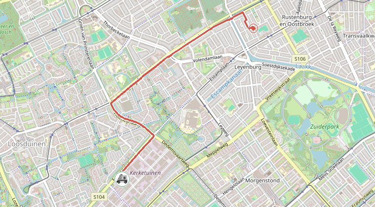 Kaart van de omgeving van de melding, met de kazerne die is gealarmeerd