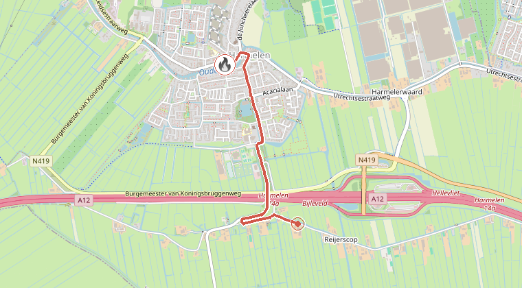 Kaart van de omgeving van de melding, met de kazerne die is gealarmeerd