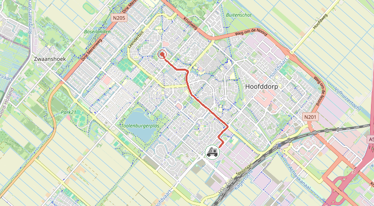 Kaart van de omgeving van de melding, met de kazerne die is gealarmeerd