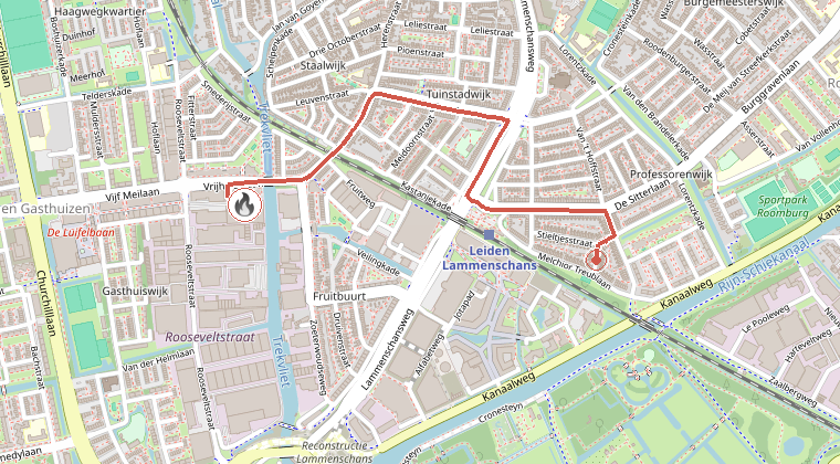 Kaart van de omgeving van de melding, met de kazerne die is gealarmeerd