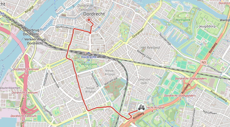 Kaart van de omgeving van de melding, met de kazerne die is gealarmeerd