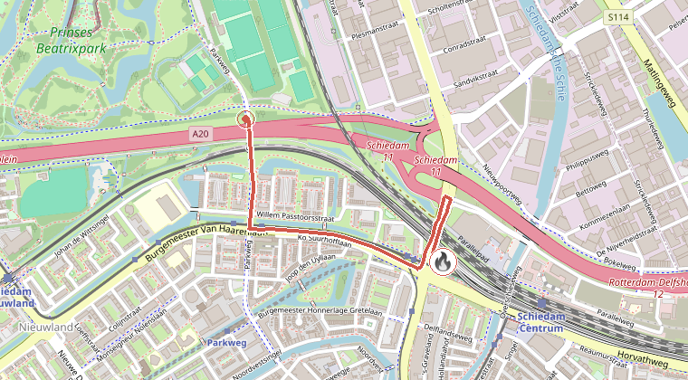 Kaart van de omgeving van de melding, met de kazerne die is gealarmeerd
