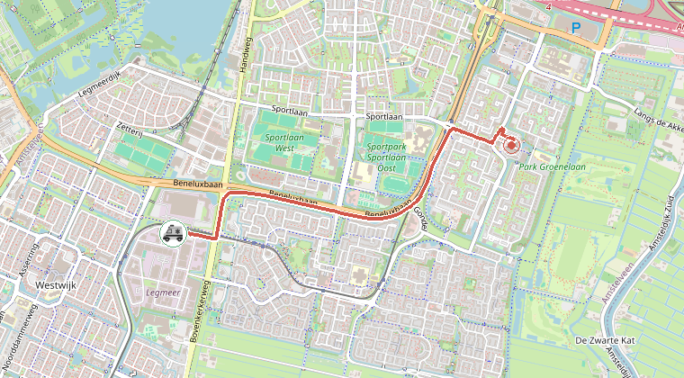Kaart van de omgeving van de melding, met de kazerne die is gealarmeerd